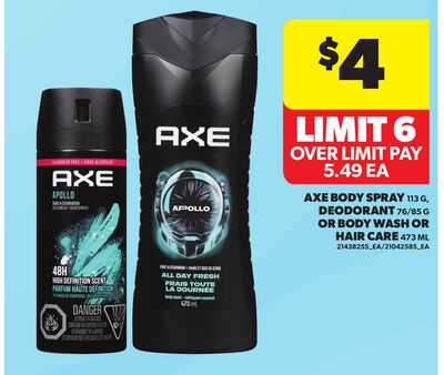 AXE BODY SPRAY, 113 G, DEODORANT, 76/85 G OR BODY WASH OR HAIR CARE, 473 ML