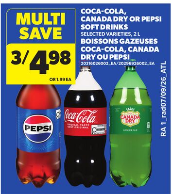 COCA-COLA, CANADA DRY OR PEPSI SOFT DRINKS, 2 L