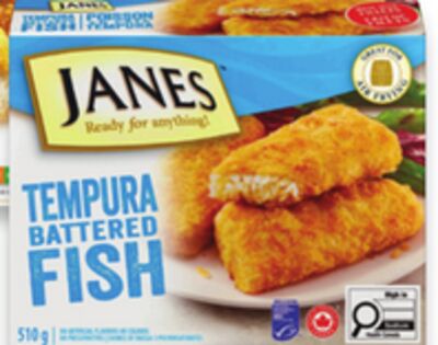 Janes breaded popcorn chicken or fish, chicken or fish nuggets, strips or burgers