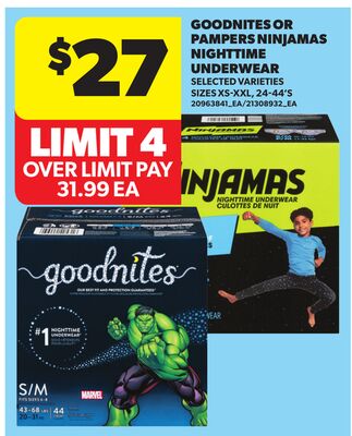 GOODNITES OR PAMPERS NINJAMAS NIGHTTIME UNDERWEAR, SIZES XS - S - 2T - 24 - 44'S