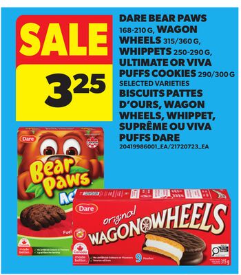DARE BEAR PAWS 168-210G, WAGON WHEELS 315/360 G, WHIPPETS 250-290G, ULTIMATE OR VIVA PUFFS COOKIES 290/300 G