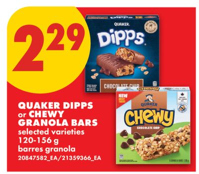 QUAKER DIPPS OR CHEWY GRANOLA BARS, 120-156 G