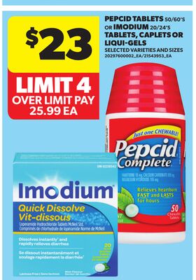 PEPCID TABLETS, 50/60'S Or IMODIUM 20/24'S TABLETS, CAPLETS OR LIQUI-GELS