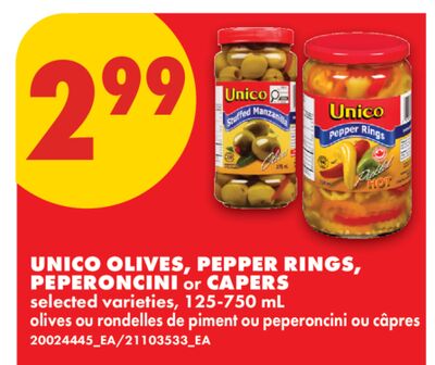 UNICO OLIVES, PEPPER RINGS, PEPERONCINI or CAPERS, 125-750 mL