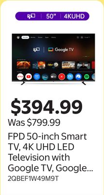 FPD 50-inch Smart TV, 4K UHD LED Television with Google TV, Google Cast Built-in, Dolby Atmos, Dolby Audio, HDR10, MEMC, Google Assistant Voice Remote
