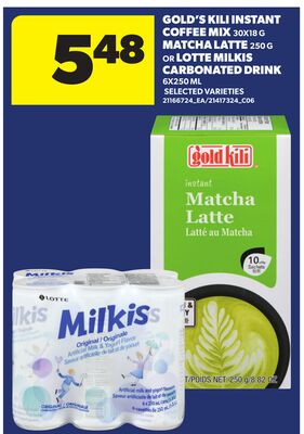 GOLD'S KILI INSTANT COFFEE MIX 30X18 G MATCHA LATTE 250 G OR LOTTE MILKIS CARBONATED DRINK 6X250 ML