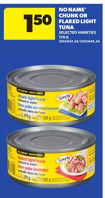 NO NAME® CHUNK OR FLAKED LIGHT TUNA, 170 G