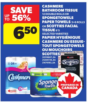 CASHMERE BATHROOM TISSUE 12 DOUBLE ROLLS OR SPONGETOWELS PAPER TOWELS 3=6 ROLLS OR SCOTTIES FACIAL TISSUE, 6'S