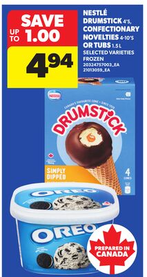 NESTLÉ DRUMSTICK , 4'S, CONFECTIONARY NOVELTIES, 4-10'S OR TUBS 1.5 L