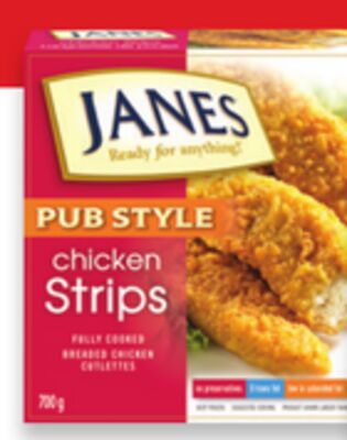 Janes breading popcorn chicken or fish, chicken or fish nuggets, strips or burgers