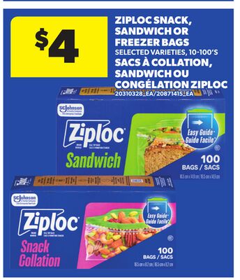 ZIPLOC SNACK, SANDWICH OR FREEZER BAGS, 10-100'S