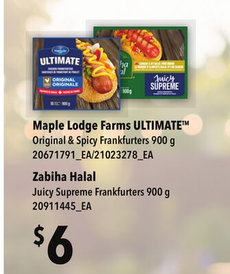 MAPLE LODGE FARMS ULTIMATE™ ORIGINAL & SPICY FRANKFURTERS, 900 G ZABIHA HALAL JUICY SUPREME FRANKFURTERS, 900 G