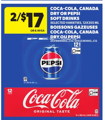 COCA-COLA, CANADA DRY OR PEPSI SOFT DRINKS, 12X355 ML