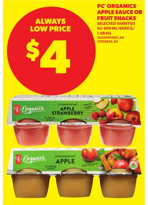 PC® ORGANICS APPLE SAUCE OR FRUIT SNACKS, 62-600 ML/4X90 G/1.08 KG