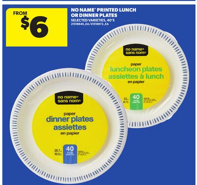 NO NAME® PRINTED LUNCH OR DINNER PLATES, 40'S