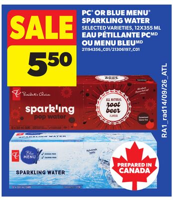 PC® OR BLUE MENU® SPARKLING WATER, 12X355 ML