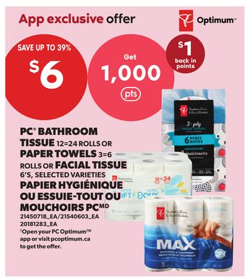 PC® BATHROOM TISSUE, 12=24 ROLLS OR PAPER TOWELS, 3=6 ROLLS OR FACIAL TISSUE, 6'S