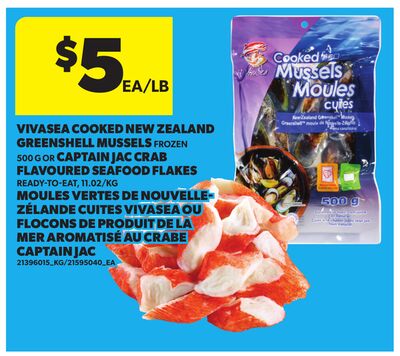 VIVASEA COOKED NEW ZEALAND GREENSHELL MUSSELS FROZEN, 500 G OR CAPTAIN JAC CRAB FLAVOURED SEAFOOD FLAKES