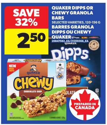 QUAKER DIPPS OR CHEWY GRANOLA BARS, 120-156 G