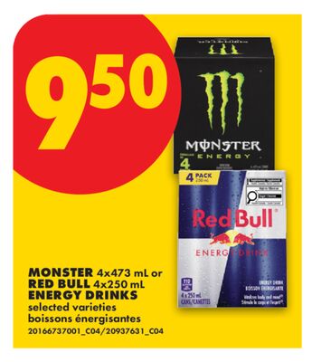 MONSTER 4x473 mL or RED BULL 4x250 mL ENERGY DRINKS