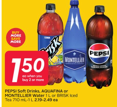 PEPSI Soft Drinks, AQUAFINA or MONTELLIER Water 1 L or BRISK Iced Tea