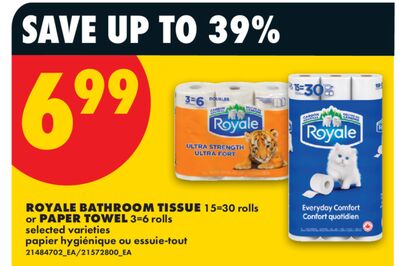 ROYALE BATHROOM TISSUE or PAPER TOWEL, 15-30 rolls
