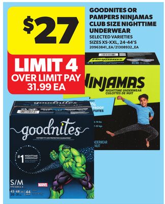 GOODNITES OR PAMPERS NINJAMAS CLUB SIZE NIGHTTIME UNDERWEAR, SIZES XS-XXL, 24-44'S