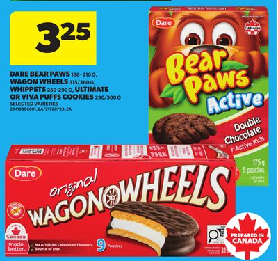 DARE BEAR PAWS, 168- 210 G, WAGON WHEELS, 315/360 G, WHIPPETS, 250-290 G, ULTIMATE OR VIVA PUFFS COOKIES, 290/300 G