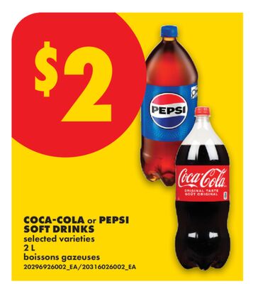 COCA-COLA or PEPSI SOFT DRINKS, 2 L