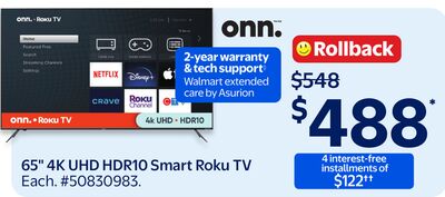 65" 4K UHD HDR10 Smart Roku TV