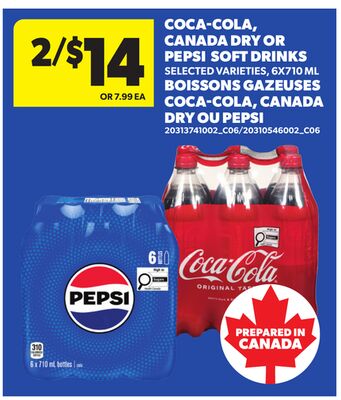 COCA-COLA, CANADA DRY OR PEPSI SOFT DRINKS, 6X710 ML