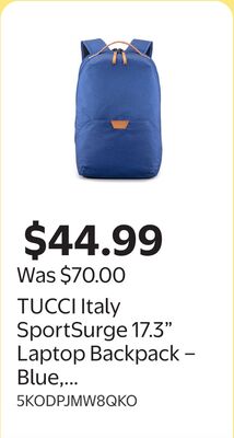 TUCCI Italy SportSurge 17.3" Laptop Backpack – Blue, Water?Resistant Fabric, Padded Laptop Sleeve, Slim Commuter Bag