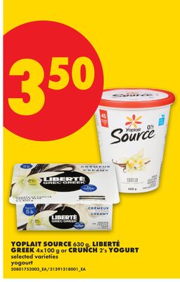 YOPLAIT SOURCE 630 g, LIBERTÉ GREEK 4x100 g or CRUNCH 2's YOGURT