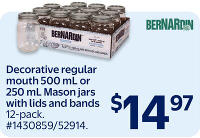 Decorative regular mouth 500 mL or 250 mL Mason jars with lids and bands