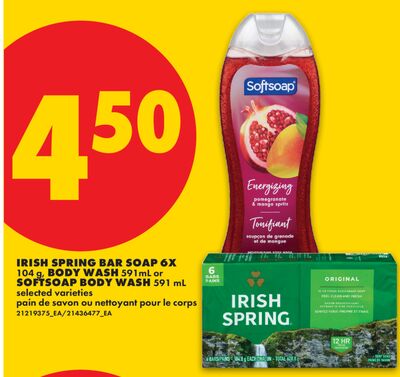 IRISH SPRING BAR SOAP 6X 104 g, BODY WASH 591mL or SOFTSOAP BODY WASH 591 mL