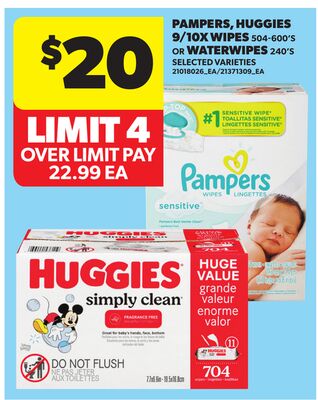 PAMPERS, HUGGIES 9/10X WIPES, 504-600'S OR WATERWIPES, 240'S