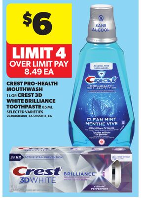 CREST PRO-HEALTH MOUTHWASH, 1 L OR CREST 3D WHITE BRILLIANCE TOOTHPASTE, 85 ML