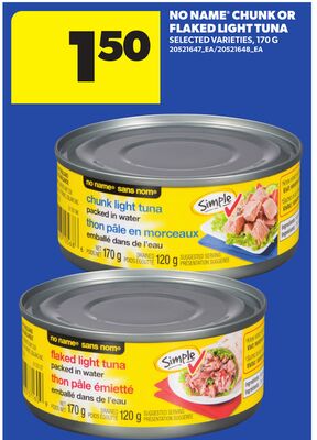 NO NAME® CHUNK OR FLAKED LIGHT TUNA, 170 G