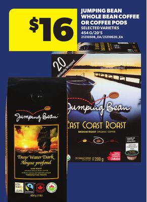 JUMPING BEAN WHOLE BEAN COFFEE OR COFFEE PODS, 454 G/20'S