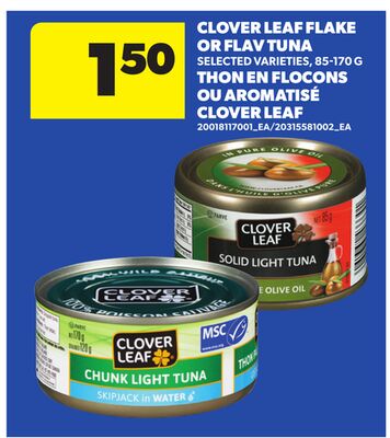 CLOVER LEAF FLAKE OR FLAV TUNA, 85-170 G