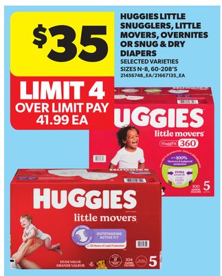 HUGGIES LITTLE SNUGGLERS, LITTLE MOVERS, OVERNITES OR SNUG & DRY DIAPERS, 6-208'S