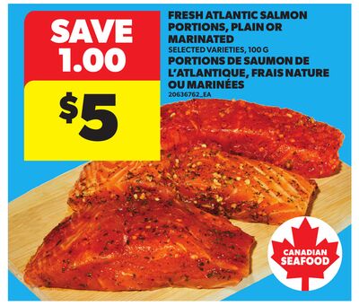 FRESH ATLANTIC SALMON PORTIONS, PLAIN OR MARINATED, 100 G