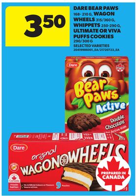 DARE BEAR PAWS, 168- 210 G, WAGON WHEELS, 315/360 G, WHIPPETS, 250-290 G, ULTIMATE OR VIVA PUFFS COOKIES, 290/300 G