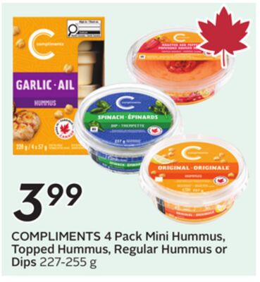 COMPLIMENTS 4 Pack Mini Hummus, Topped Hummus, Regular Hummus or Dips