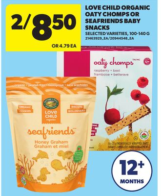LOVE CHILD ORGANIC OATY CHOMPS OR SEA FRIENDS BABY SNACKS, 100-140 G