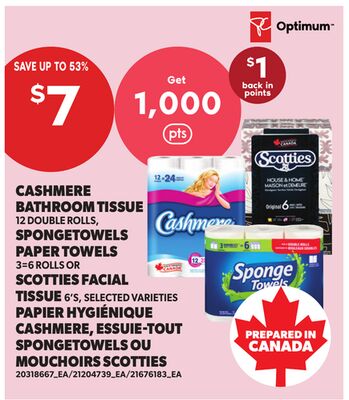 CASHMERE BATHROOM TISSUE 12 DOUBLE ROLLS, SPONGETOWELS PAPER TOWELS 3=6 ROLLS OR SCOTTIES FACIAL TISSUE 6'S