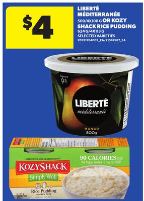 LIBERTÉ MÉDITERRANÉE, 500/4X100 G OR KOZY SHACK RICE PUDDING, 624 G/4X113 G