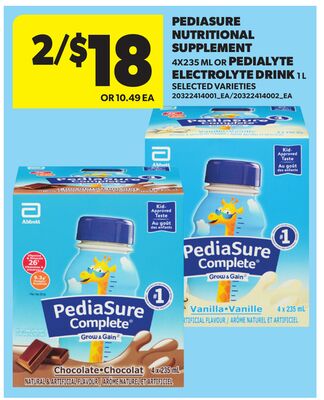 PEDIASURE NUTRITIONAL SUPPLEMENT, 4X235 ML OR PEDIALYTE ELECTROLYTE DRINK, 1 L