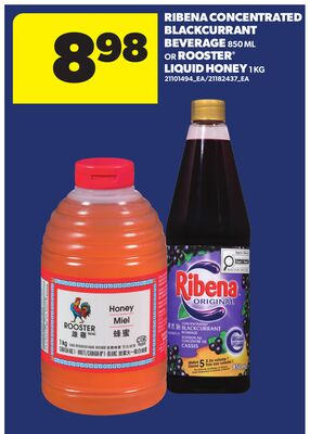 RIBENA CONCENTRATED BLACKCURRANT BEVERAGE, 850 ML OR ROOSTER® LIQUID HONEY, 1 KG