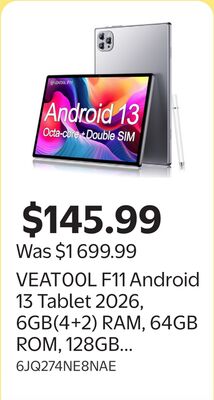VEAT00L F11 Android 13 Tablet 2026, 6GB(4+2) RAM, 64GB ROM, 128GB Expand, Quad-Core Processor up to 2.0 GHz, Dual Camera, WiFi, BT, 6000mAh with Fast Charge, 1280x800 HD Touch Screen